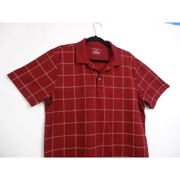 Mens Van Heusen Polo Shirt Large 16 16 1/2 Red/Burgundy Plaid Short Sleeve - Picture 5 of 6